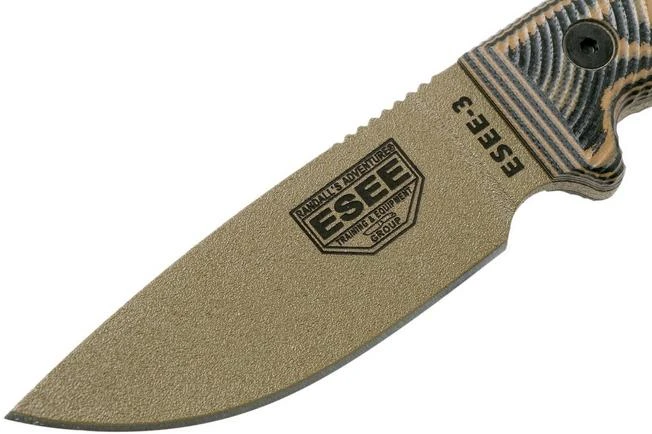 ESEE Model 3 Dark Earth Blade 3D Coyote-Black G10 Survival Knife 3PMDE-005 Black Sheath + Belt Clip - Image 3