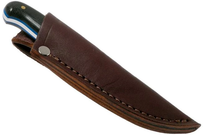 LT Wright Patriot, A2, Polished Black Micarta, Blue Liners, Leather Sheath, Outdoor Knife - Image 6