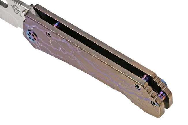 Medford 187 DP D2, Tumbled Drop Point, Bronze Violet Fade Lightning Handle, Flamed Hardware Pocket Knife - Image 8